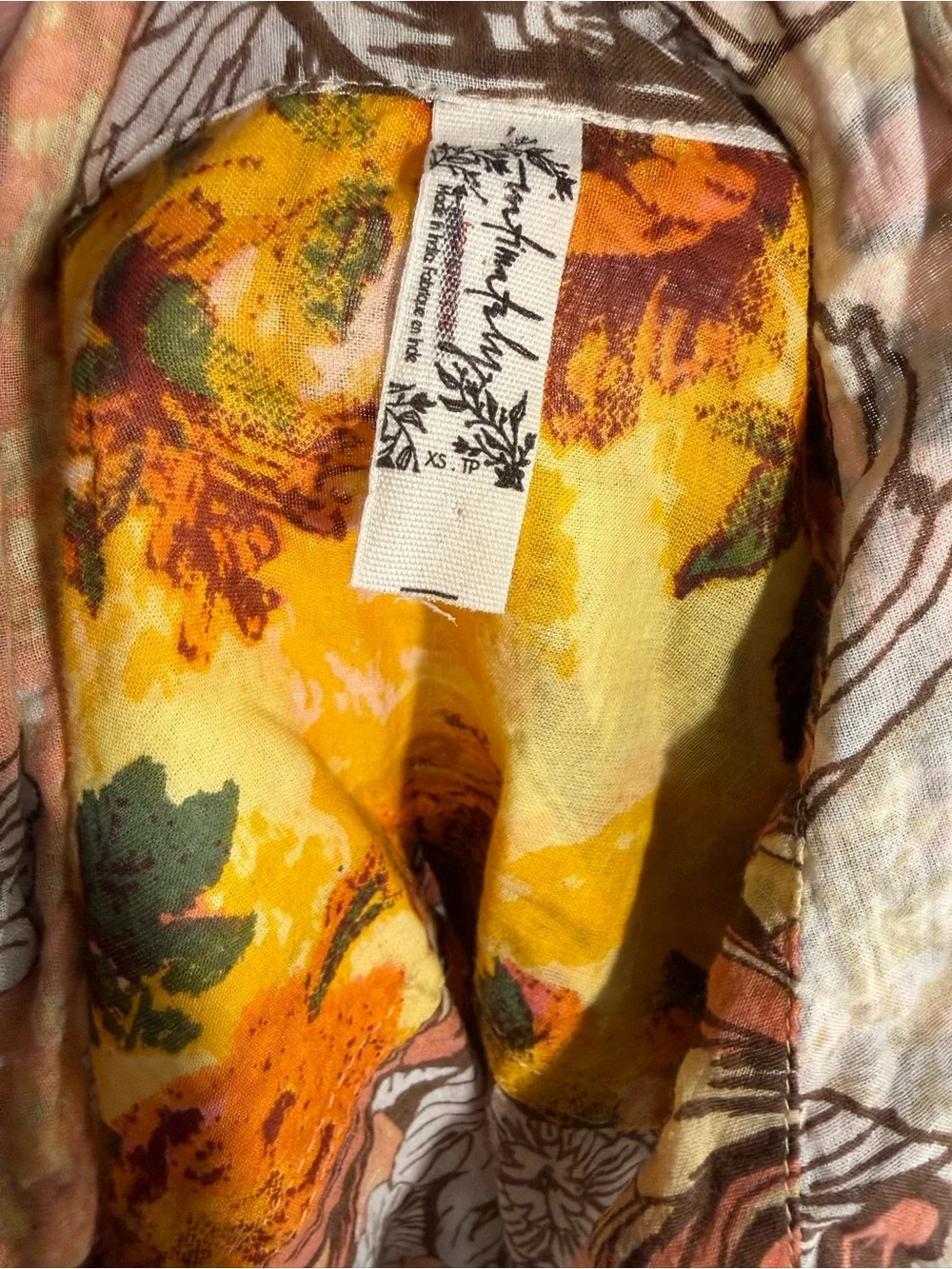 Floral Button-Front Boho Blouse in Orange, Brown & Cream